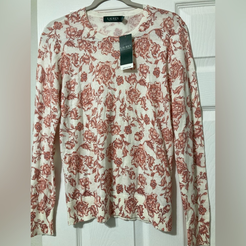 NEW RALPH LAUREN LIGHT WHITE PINK FLORAL COTTON SWEATER SIZE M
